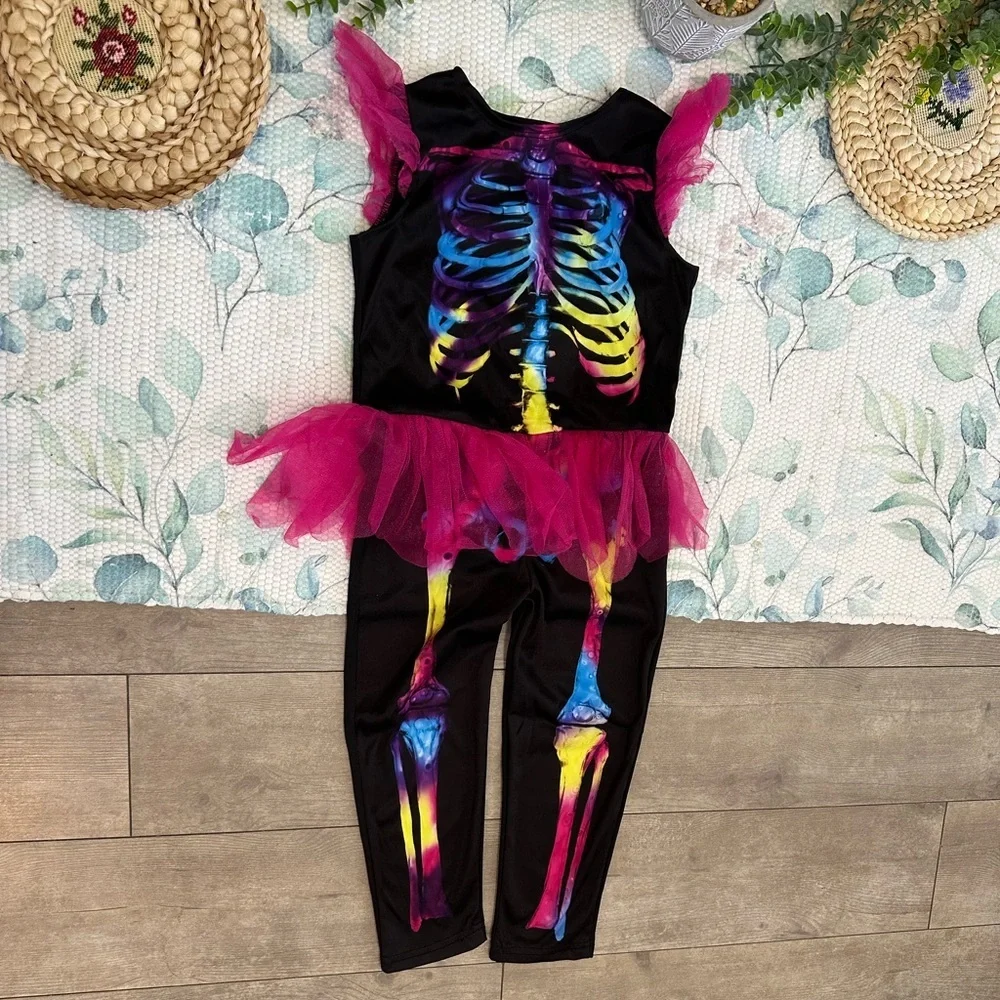 Vintage Halloween Costume Black Vibrant Colored Skeleton Jumpsuit Romper Girls